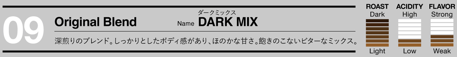 深煎り。しっかりした口当たりとほのかな甘さ。丁寧な焙煎と配合により、飽きのこないビターなオリジナルミックス。